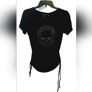 ​🖤 NWT Harley-Davidson Skull Graphic Ruched Drawstring Tee Small 🏍️